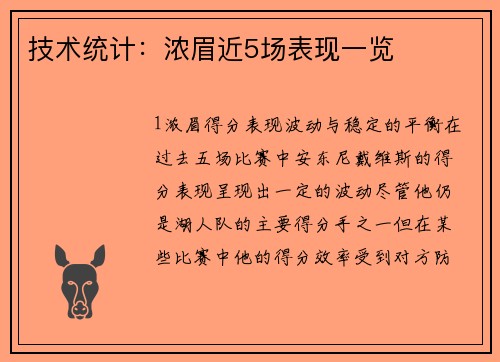 技术统计：浓眉近5场表现一览